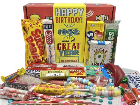 Birthday Blast Candy Box filled with nostalgic candies from 1952 for a 71-year-old man or woman.