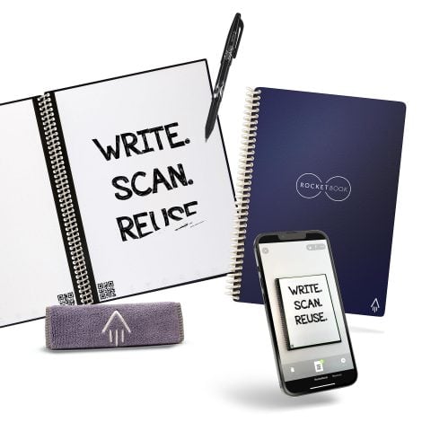 Rocketbook Core, a reusable smart notebook with cloud sharing, eco-friendly design, and all-inclusive accessories.