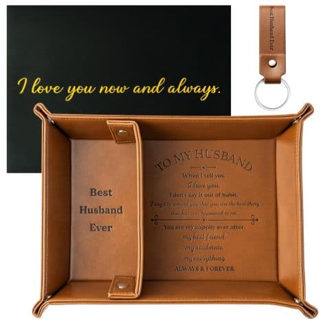 Haooryx 3Pcs Christmas Husband Gift Set – Brown Leather Tray, Keychain, and Envelope Holder for Everyday Essentials.