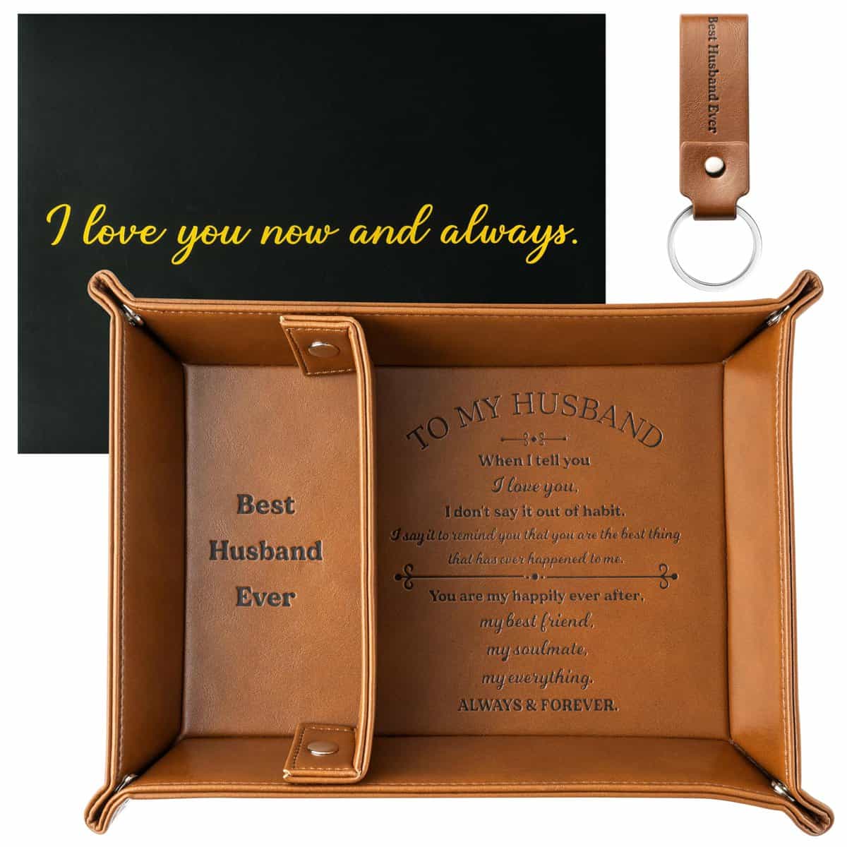 Haooryx 3Pcs Christmas Best Husband Ever PU Leather Valet Tray and Keychain Winter Housewarming Present Brown PU Leather Catchall Tray with Envelope Nightstand Holder for Keys, Watch, Wallet, Phone