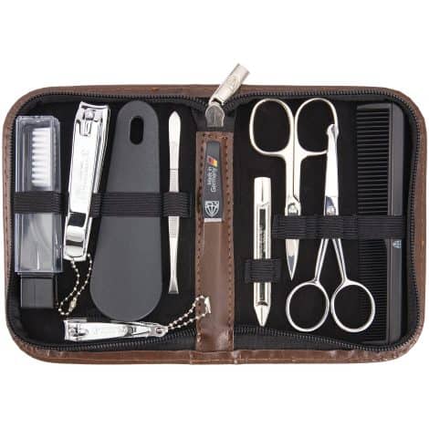 3 Swords Germany – 10-piece high-quality manicure and pedicure kit for professional nail care. Includes tweezers, file, clipper, and fashion leather case in a gift box. Made by 3 Swords.