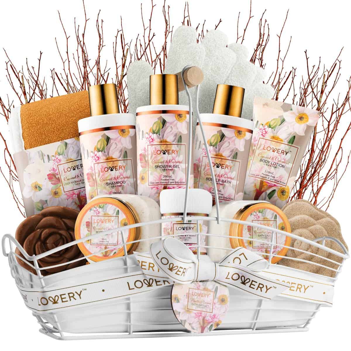 Christmas Spa Gift Baskets for Women, Gift Basket for Women, Bath and Body Gift Set – 13pc Coconut Caramel Self Care Gift Basket - Bubble Bath, Shampoo, Body Scrub, Lotion, Salts, Bath Bomb & More