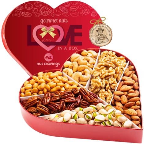 Holiday Christmas Mixed Nuts Gift Basket, Heart-shaped Basket with 6 Assorted Nut Cravings Gourmet Collection. Perfect for a Healthy, Romantic, American Christmas.