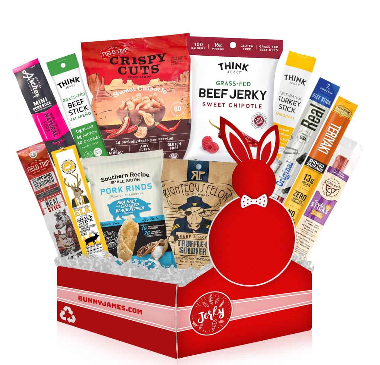 BUNNY · JAMES · Beef Jerky Gift Baskets for Men - Healthy & Exotic Jerky Variety Pack w Meat Snacks, Pork Rinds, Venison, Chicken, Pork & Beef Sticks - Unique Dad Birthday Gifts, Christmas Gifts For Men Who Want Nothing