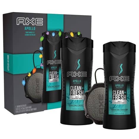 Get the AXE Apollo gift set: body wash and shower detailer for grooming, 3 count, 16 ounces.