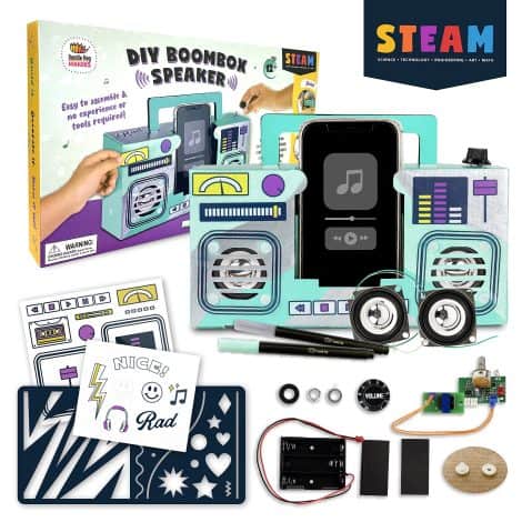 STEM Boombox Kit: Create your own retro-style music player! Perfect gift for crafty teens, ages 12+.