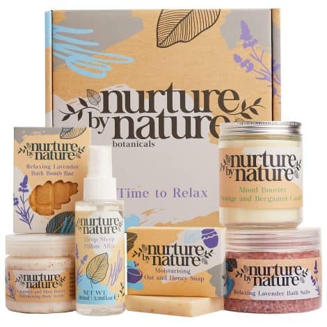 Nurture by Nature Spa Kit: Ultimate self-care gift for women, featuring lavender-scented bath essentials for relaxation and calmness.