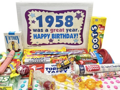 Celebrate their 65th birthday with a nostalgic mix of retro candies in a gift box.