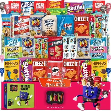 Holiday Christmas Snack Box Variety Pack with Greeting Card – Snacky’s Bliss Bites (50 Count) – Perfect Sweet Treats Gift Basket for Christmas stockings.