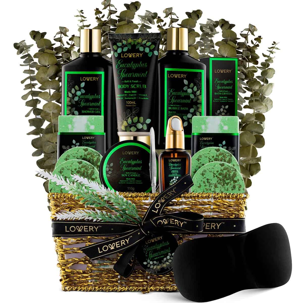 Christmas Eucalyptus Spearmint Bath Set, Aromatherapy Home Spa Set with Natural Mint Fragrance, 17Pc Gift Basket, Eucalyptus Bath Oil, Shower Gel, Bubble Bath, Bath Crystal, Steamer Tablet & More