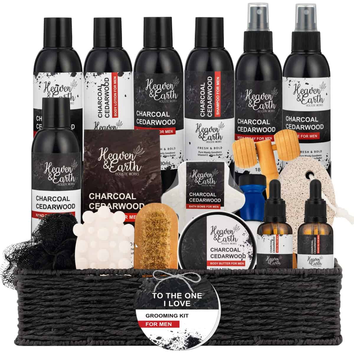 Unique Men's Gift Set. Deluxe Gentleman's Grooming Kit. Charcoal Cederwood Natural Bath & Body Spa Gift Set. Shaving & Beard Care Basket for Boyfriend. To The One I Love Gift For Dad, Husband etc.