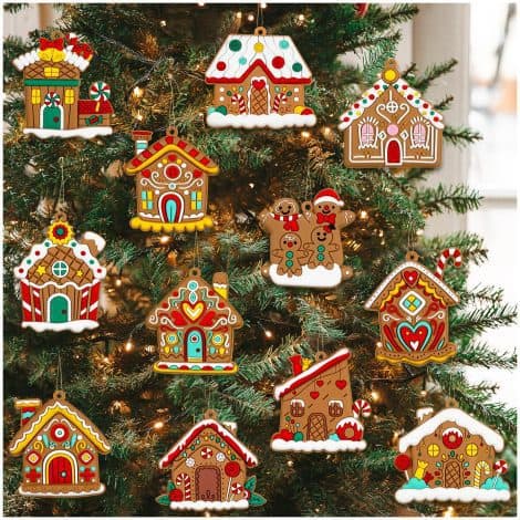 Gingerbread House Ornaments: Festive Christmas Tree Decor – Set of 12 Hanging Ornaments for Home & Holiday.