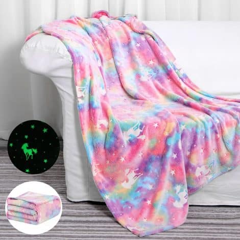 Glow-in-the-dark unicorn blanket perfect for girls aged 1-10. Soft, fun gift for Easter, birthdays, Christmas, and Valentine’s. 60x50in.