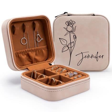 Custom Leather Jewelry Box with Name & Birth Flower Month – Personalized Travel Case for Women – Beige