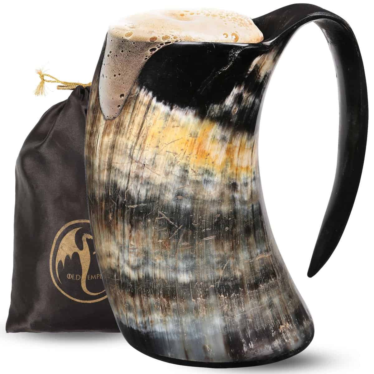 Viking Horn Mug - 100% Authentic 16oz - Ultimate Unique Handmade Ox Horn Norse Mug for Hot & Cold Drinks- Christmas Gift for Men and Women - Food Grade Medieval Style Man's Beer & Mead Cup…