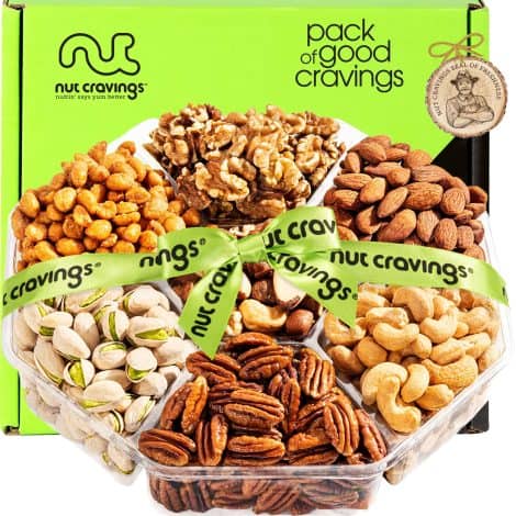 Nut Cravings Festive Mix – Delicious Nut Gift Set with Green Ribbon (7 varieties, 16 ounces). Perfect for holidays and birthdays – American made and kosher.