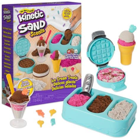 Scoop up fun with the Kinetic Sand Scents, Ice Cream Treats Playset! Comes with scented sand and tools. Perfect gift for kids.