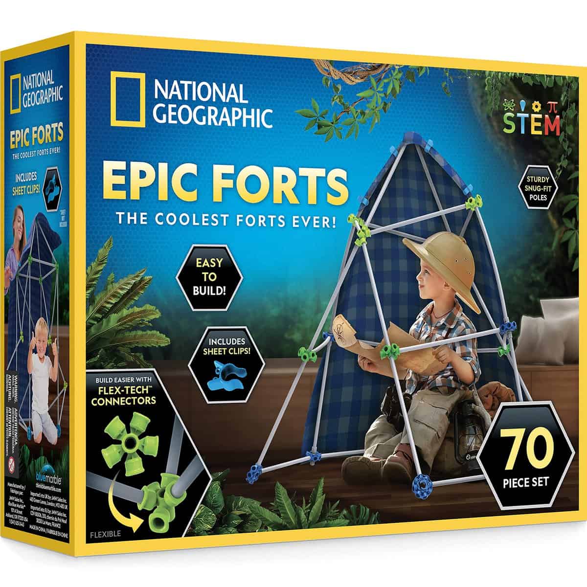 NATIONAL GEOGRAPHIC Kids Fort Building Kit - 70-Piece Indoor Fort Builder for Kids - Build a Fort for Creative Play, STEM Building Toy, Fort Building Kit for Kids 6-10, Blanket Fort Kit for Kids