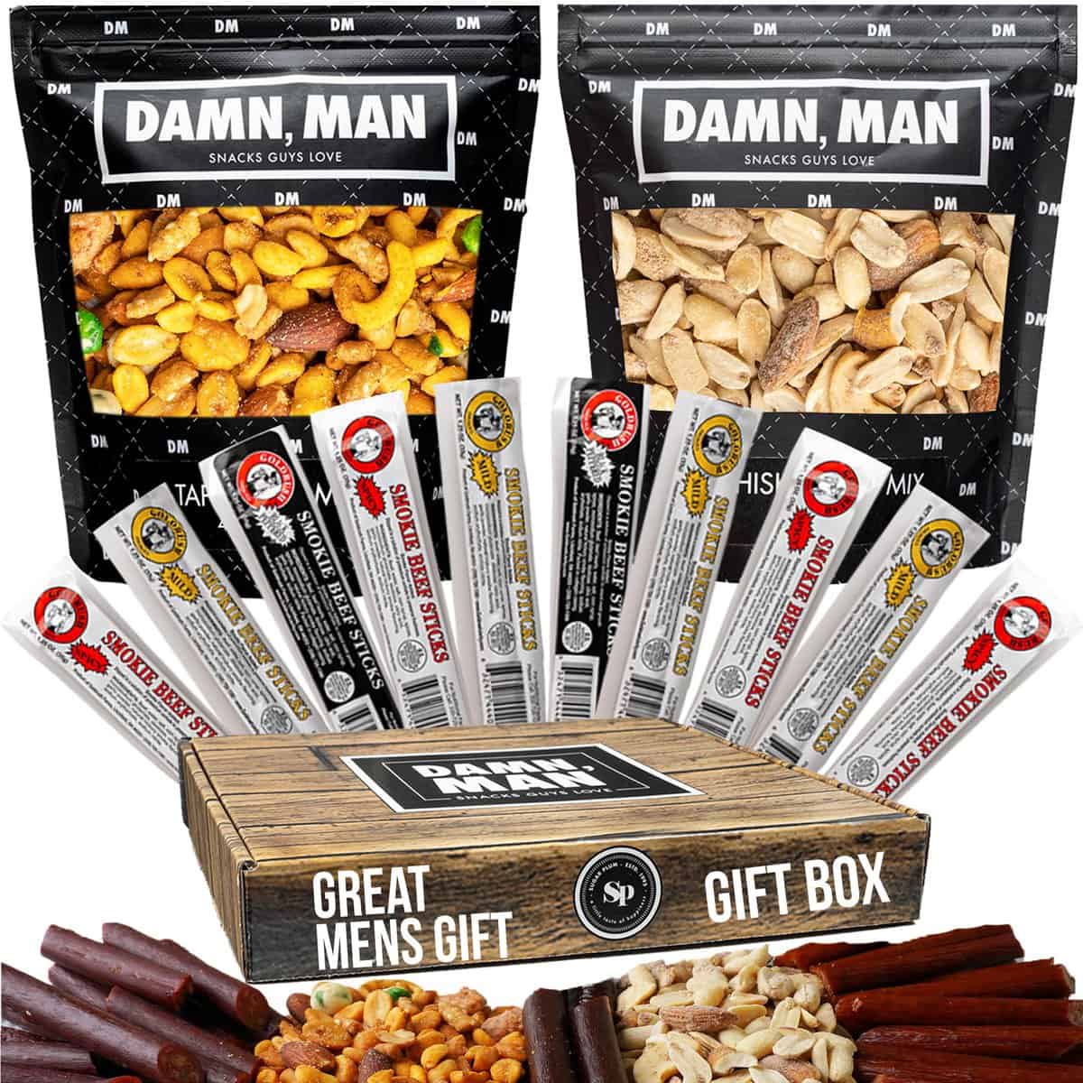 SUGAR PLUM Beef Jerky Gift Basket for Men with Nuts - 12 pc, Great Gift for Dad, Husband, Birthday Gift for Men, Unique Snack Variety Pack or Care Package for Men Who Have Everything, Tastes Great with Beer