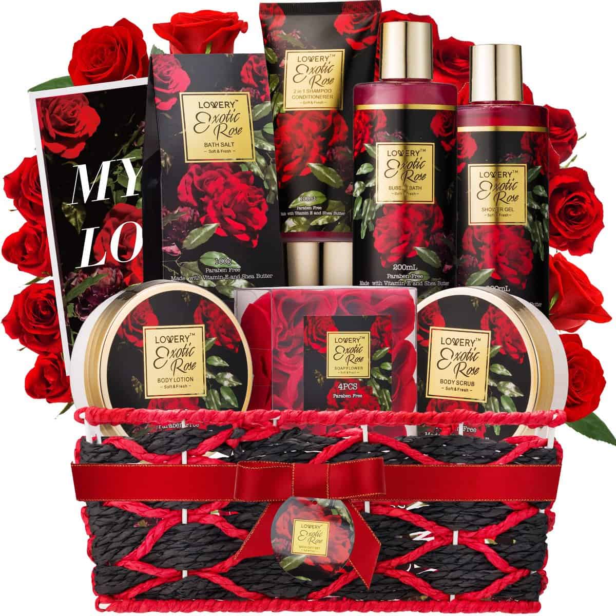 LOVERY Christmas Spa Gifts for Women, Bath and Body Gift Set, Exotic Rose Gift Basket for Women & Men, Stress Relief Spa Kit, Thank You Birthday Mom Personalized Gifts, Body Scrub, Bubble Bath, Lotion & More