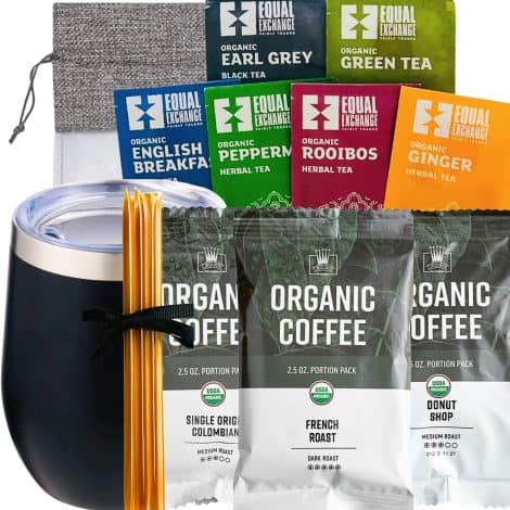 “Deluxe Organic Tea & Coffee Gift Basket – Perfect Set for Both Men and Women | Stylish Bag | Insulated Mug | Assorted Organic Coffee Samples | Teas | Honey | Ideal for Holidays, Birthdays, Thank You, Get Well, and more!”