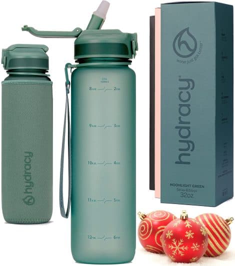 MotivateMe Water Bottle: 32 Oz BPA-free, leak-proof with time marker, straw, no-sweat sleeve. Perfect for fitness enthusiasts!