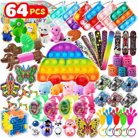 Party Pack with 64 fun and engaging toys for ages 4-8, perfect for birthdays and celebrations.