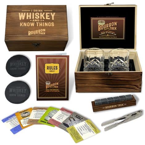 All-in-one Whiskey Gift Box for Men: Contains Whiskey Trivia, 2 Bourbon Glasses, 6 Stones, Coasters, Tray, and Tongs.