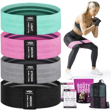 Set of 4 fabric elastic bands for exercising your hips, thighs, and glutes. Includes workout guide.