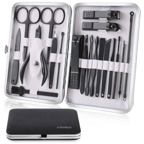 Jubolion 19-piece Stainless Steel Manicure Set with Leather Case, ideal for travel or gifting.