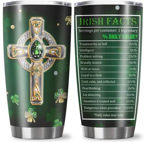 20oz Irish-themed tumbler with nutrition facts, perfect St. Patrick’s Day present for women and men. Amazing Ireland-inspired gift.