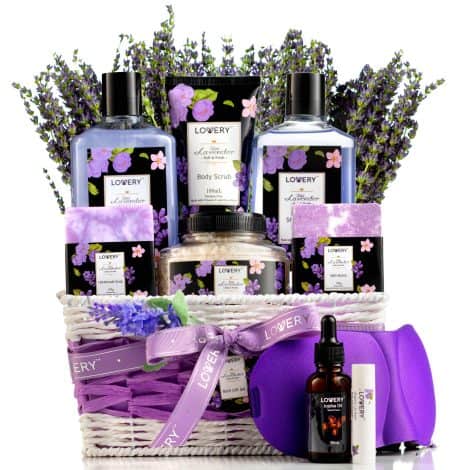 Holiday Spa Set: Lavender & Lilac-themed gift basket for women and men to relax and rejuvenate. Includes handmade soap, bath bombs, and organic lip balm.