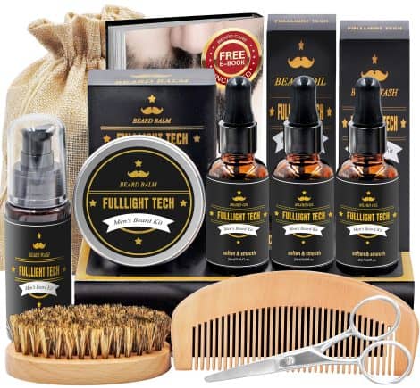 Men’s Beard Grooming Set: Beard Wash, Oil, Balm, Comb, Brush, Scissor. Perfect gift for husbands.