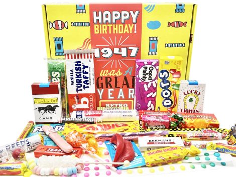 1947~76th Birthday Nostalgic Candy Box: Time-travel to childhood with this retro candy gift for a 76-year-old born in 1947.