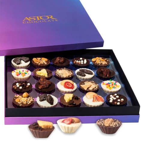 Astor Chocolate’s 20-Piece Belgian Truffles Dessert Party Gift Box with 8 flavorful fillings and festive decorations. Perfect for Christmas, birthdays, or holiday gift baskets.