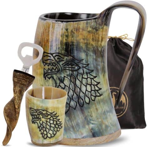 Medieval-inspired Fenrir Viking Drinking Horn Mug Set: 15-20oz capacity, includes shot glass, bottle opener; perfect Christmas gift!