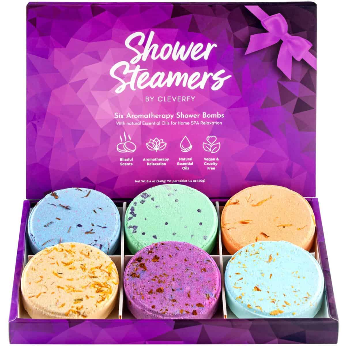 Cleverfy Shower Steamers Aromatherapy - Variety Pack of 6 Shower Bombs with Essential Oils. Self Care Christmas Gifts for Women and Stocking Stuffers for Adults and Teens. Purple Set