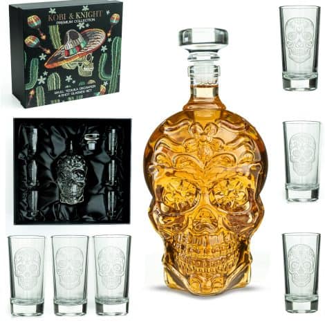 Handcrafted Skull Tequila Decanter Set – Unique Glass Decanter & 6 Shot Glasses – Perfect Tequila Gift.