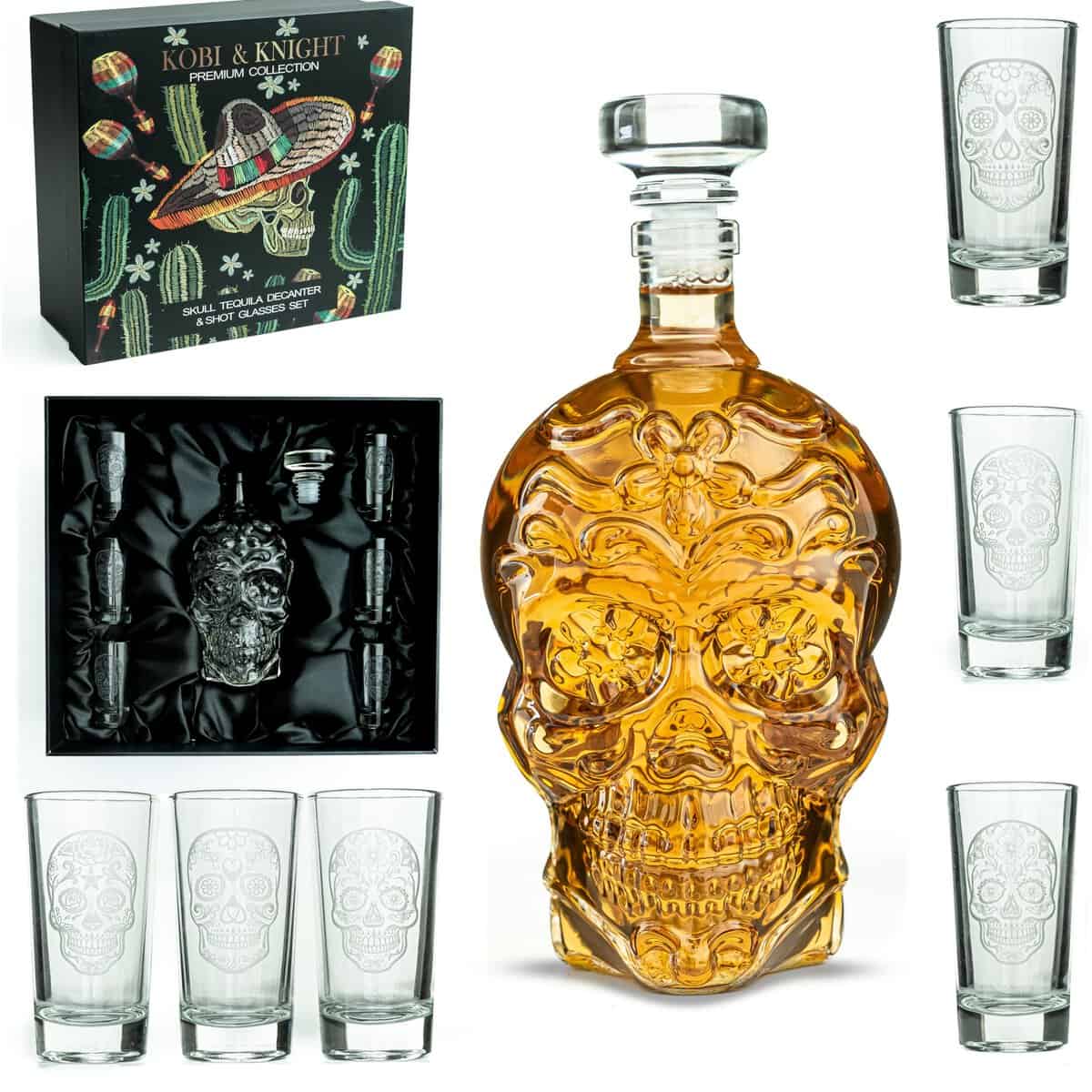 Kobi & Knight Skull Tequila Decanter Set - Handmade Glass Skull Liquor Decanter with 6 Shot Glasses - Tequila Set in Gift Box - Creative Tequila Party, Bar Decorations - Cool Tequila Gifts