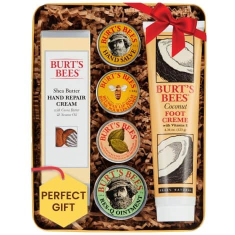 Burt’s Bees Holiday Gift Set: 6 Stocking Stuffers with Original Lip Balm, Hand Care, and Foot Cream.