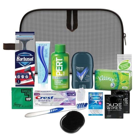 Convenient travel set for men with premium essentials, in sleek black, includes 15 practical items.