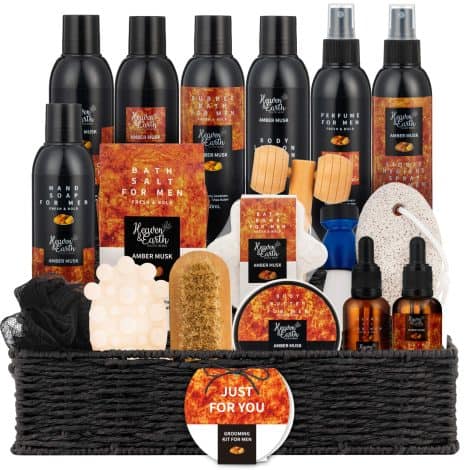 Pampering Spa Present for Him: Musky Amber Scented Basket of Natural and Paraben-Free Goodies. Ideal for Celebrations!