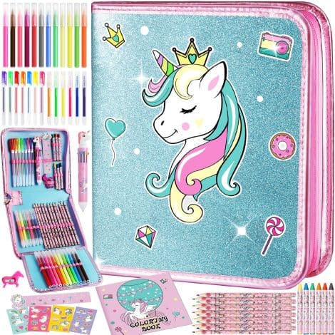 ABERLLS Unicorn Marker Set for Girls 5-10, Unicorn-themed Art Kit with Pencil Case, ideal for birthdays and holidays.