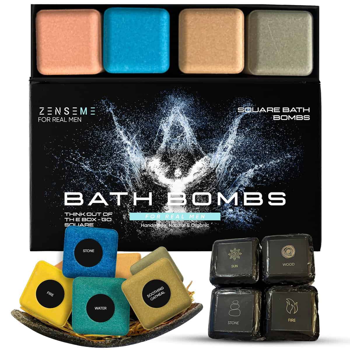 ZenseMe Bath Bombs for Men - Gift Set of 8 Scented Organic Handmade Natural Bath Bombs of 2.5 oz w/Natural Essential Oils, Unique Extra Strength Manly Scents, for Boyfriend, Husband, Father - Square Shape