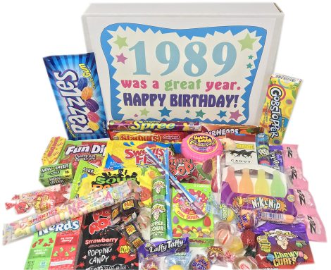 “Delightful 1989 Candy Box – Perfect 34th Birthday Treats! Relive Childhood Memories with Retro Candy Yum!”