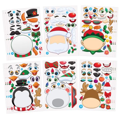 “Create-a-Face Sticker Pack: 24 sheets with Christmas characters like Elves, Santa, Snowman, Penguin, and Polar Bear.”