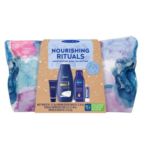 NIVEA Gift Set: Pampering Treats for Her, including Body Wash, Lotion, Lip Balm, and Multi-Purpose Cream.