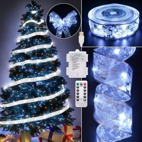 Festive Ribbon Lights: 2.5″x66ft, 200 LEDs with Remote, Battery/USB Powered, Timer & 8 Lighting Modes for Xmas Tree.