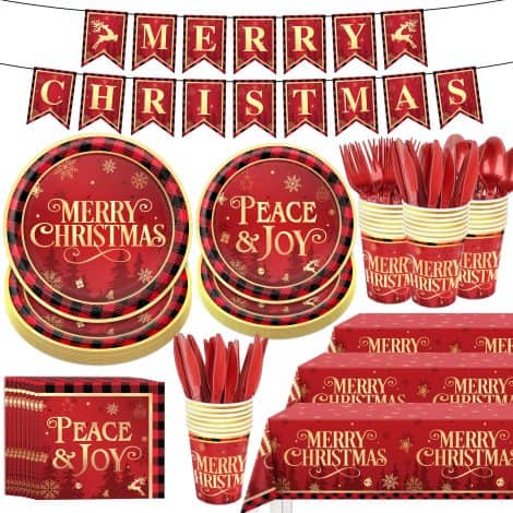 “Complete Christmas Party Set with 172 red and black Buffalo Plaid disposable tableware, including plates and napkins, perfect for festive decorations.”