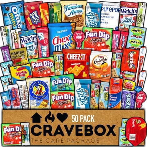 “CRAVEBOX Snack Box Variety Pack: Delicious assortment of treats perfect for gifting, snacking, or sharing. Enjoy!”